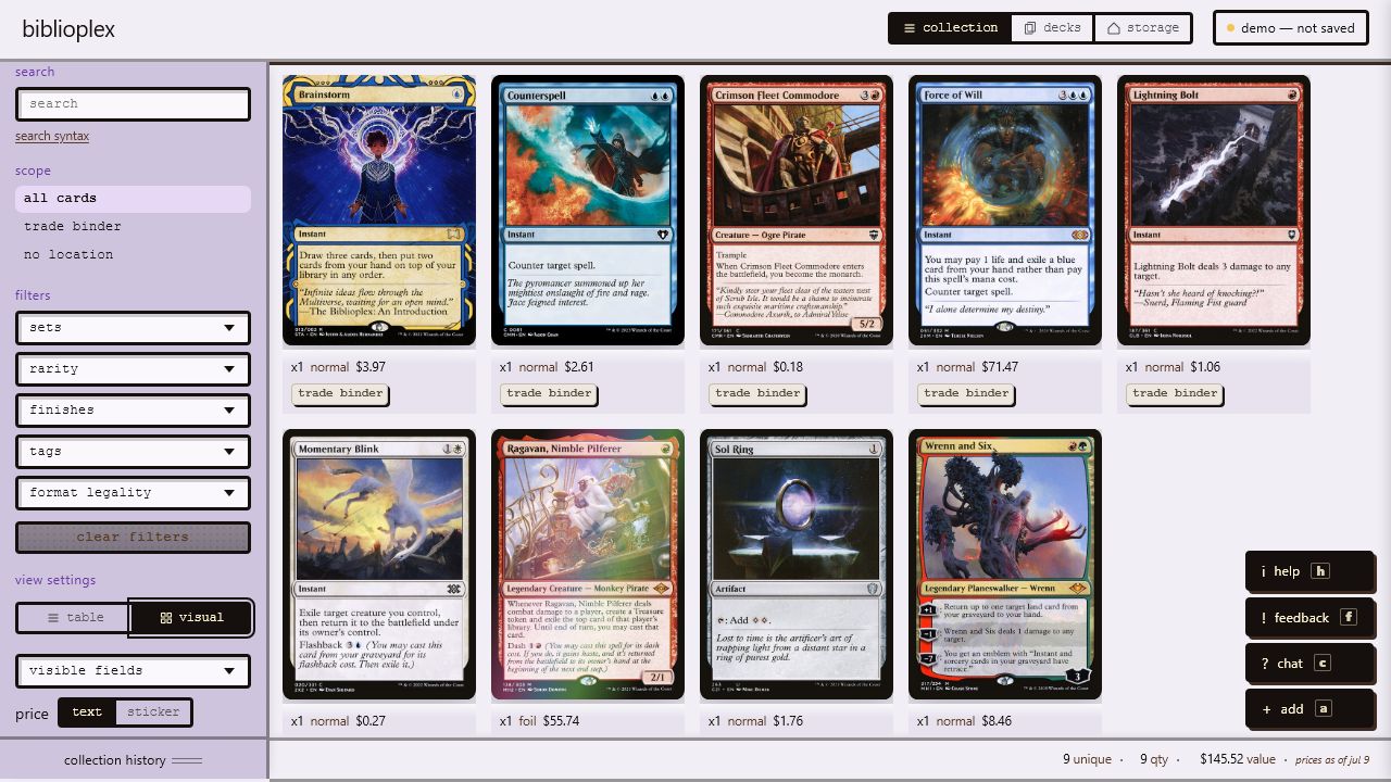 The real Biblioplex visual collection view showing nine Magic cards in a trade binder