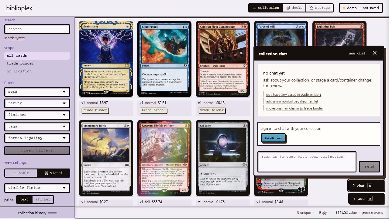 Actual Biblioplex collection chat open over the visual collection, showing suggested prompts and the sign-in boundary