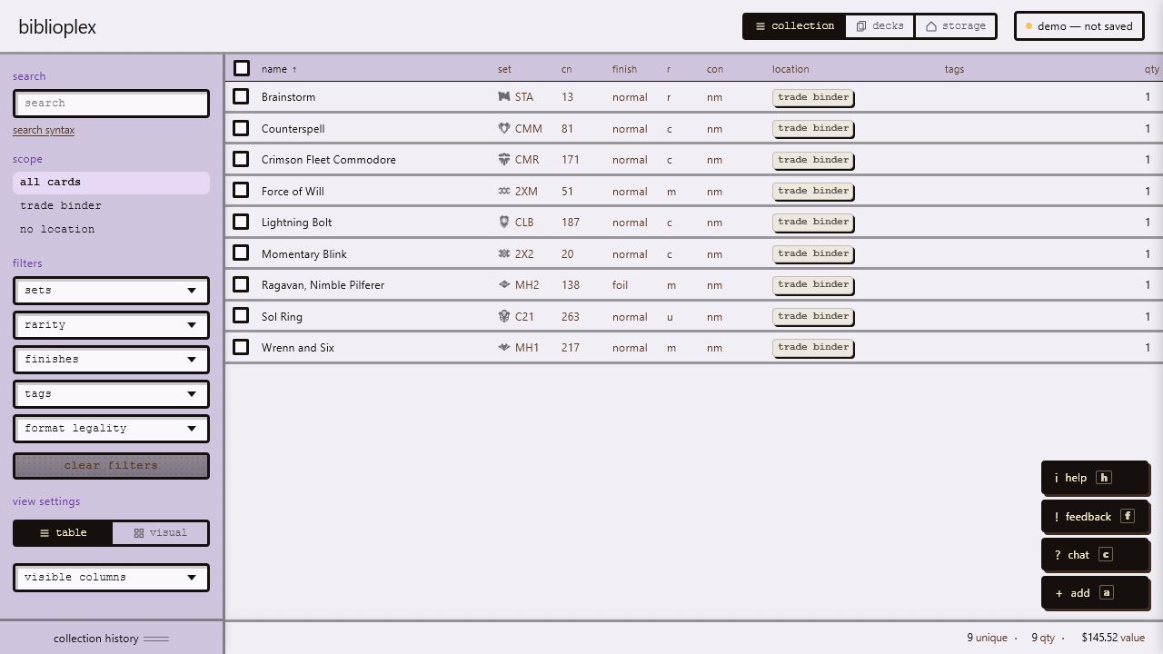 Actual Biblioplex table view with collection rows, filters, scopes, columns, and prices